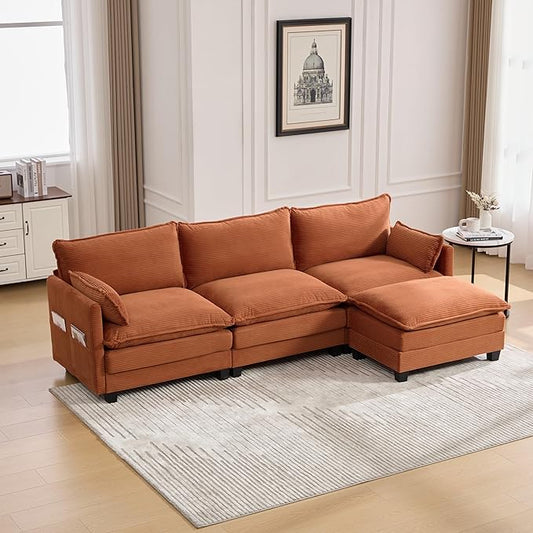 Modular Sectional Sofa Couch with Reversible Ottoman, 103" Oversized Corduroy Cloud Couch, 3 Seat Sectional Sofa with Solid Wood Frame and Side Pockets,for Living Room & Apartment