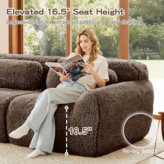 80.4-Inch Boneless Love Seat Couches in a Box, Modern 2 Seat Floor Modular Foam Cloud Sofa Faux Fur Loveseat Couch W/Angle Armrests for Home Apartments Bedroom
