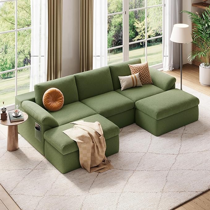 LINSY HOME 109" Modular Couch Modern Boneless Cloud Couch, U Shaped Sofa with Movable Ottomans, Deep Seat Corduroy Sectional Couches for Living Room, Apartment, No Assembly Required, Green