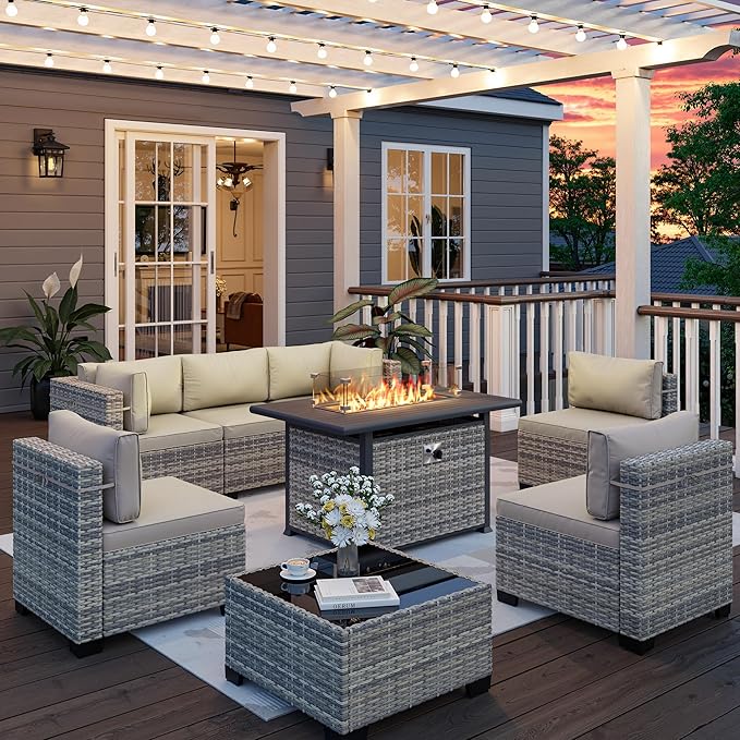 8-Piece Outdoor Patio Furniture Set with 55,000 BTU Fire Pit Table, PE Wicker Rattan Sectional Sofa Conversation Set - All-Weather Garden, Backyard Furniture, White