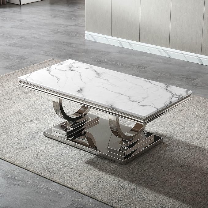 Modern Marble Coffee Table, Rectangular White and Silver with U-Shape Stainless Steel Base with Silver Mirrored Finish for Living Room, Simple Assembly (Silver3)