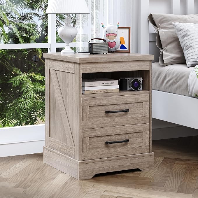 18'' Nightstand with LED Lights | Built-in Power Outlets & USB Ports, Farmhouse Bedside Table with 2 Drawers and Open Storage Shelf, End Table for Bedroom, Living Rooms, Home Offices, Grey,2 Set - Image 8