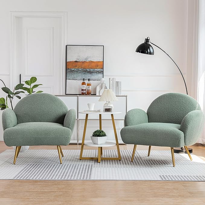Accent Chair Green with Golden Metal Legs,Reading Chair for Bedroom Comfy, Boucle Sherpa Chair for Living Room, Bedroom