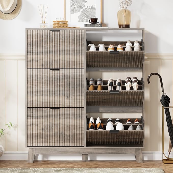 HUANLEGO Shoe Cabinet Storage for Entryway with 6 Flip Drawers, Fluted Narrow Shoe Organizer with Wooden Legs, Freestanding Slim Shoe Storage Hidden Shoe Rack Organizer for Front Door Entrance, Grey - Image 7