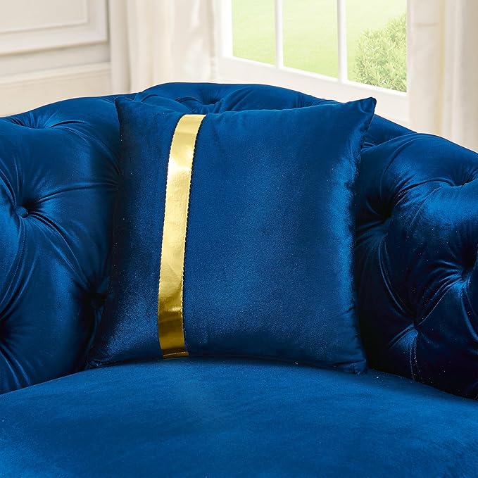 KEIKI 63" Luxury Oversized Velvet Chesterfield Sofa with 2 Pillow & Gold Stainless Decoration, Italian Modern Style 2-Seater Button Tufted Couch with Rolled Arms, Easy Assembly, for Living Room, Navy
