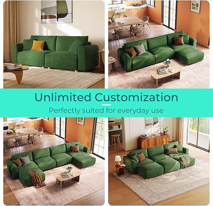 LINSY HOME Cloud Couch Sectional, Modular Sofa Sectionals for Living Room Bedroom, 91" U Shape Love Seat Couch with Ottoman, 2 Seater Deep Seat Cozy Couch Luxury Chenille Sofas, Green