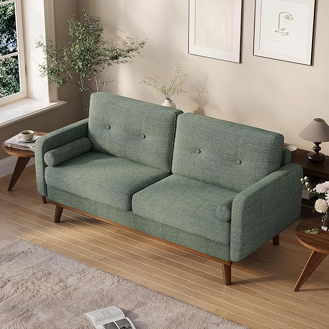 IDEALHOUSE 65" Loveseat Sofa, Mid Century Modern Love Seat Couches for Living Room, Button Tufted Sofa Couch with Wood Legs & Trim for Living Room, Bedroom, Office, Linen, Green