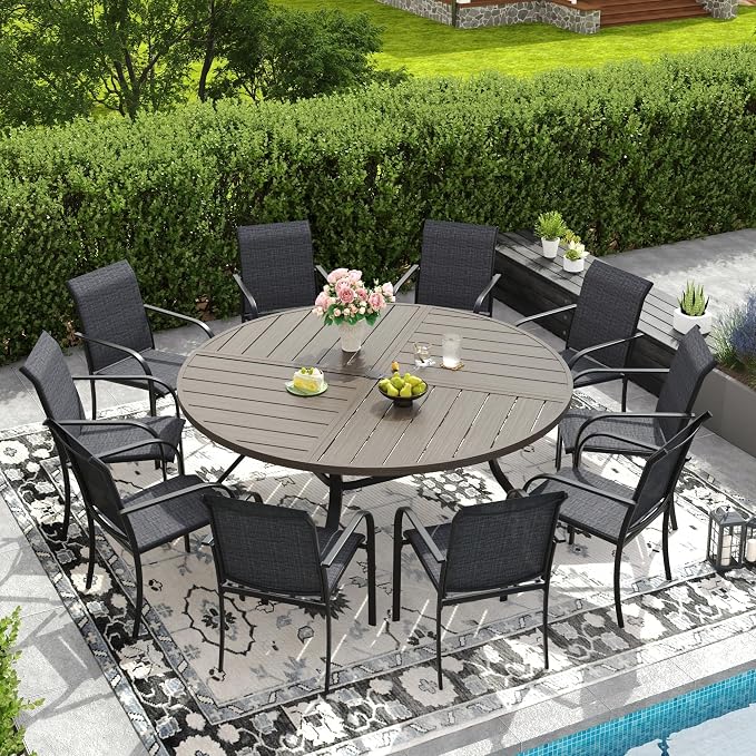 DIFY 11 Pieces Outdoor Patio Dining Set for 10, 63" Grey Wood-Like Round Metal Patio Table and 10 Grey Stackable Textilene Patio Chairs, Outdoor Table and Chairs for Backyard Garden Poolside by DIFY