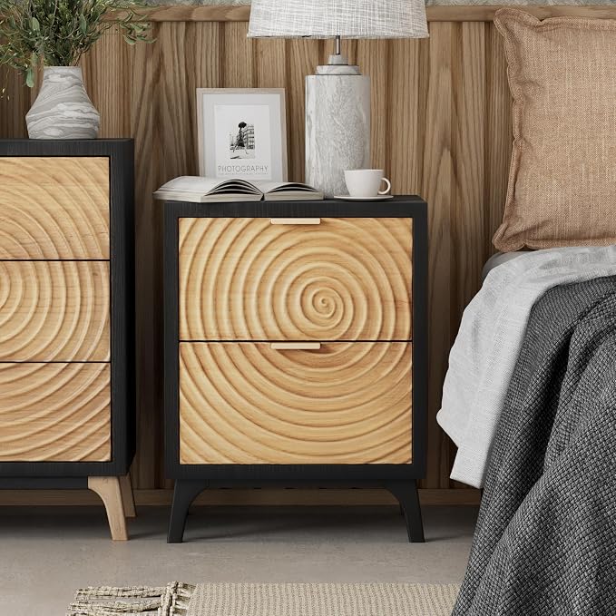 COZAYH 2-Drawer Farmhouse Nightstand with Handcrafted Wood Ring Motif, Black Nightstand for Bedroom, Fully-Assembled, Morden Rustic by COZAYH