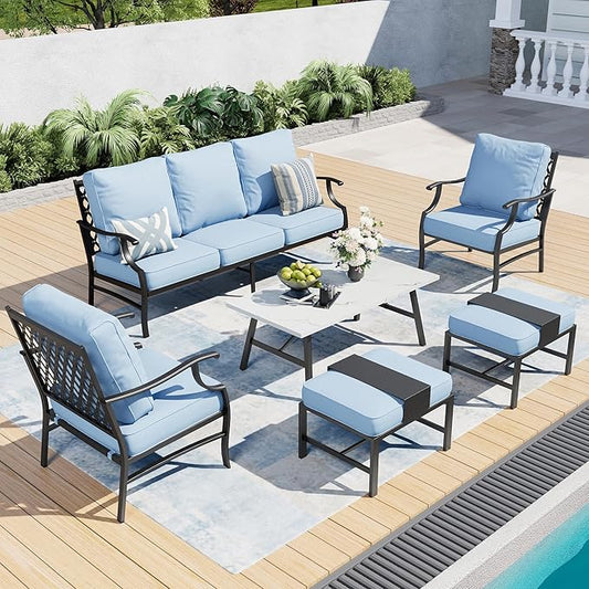 6 Piece Metal Outdoor Patio Furniture Set, Patio Conversation Sets 1 3-seater Sofa, 2 Fixed Chairs, 2 Ottomans with 5.75" Thick Cushion and Coffee Table, Black Backyard Furniture, Blue