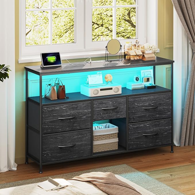 Romorgniz Dresser TV Stand for 50" TV with Power Outlets & LED Light, Entertainment Center with Storage 5 Fabric Drawers Dressers TV Stand for Bedroom, Living Room, Grain Black - Image 6