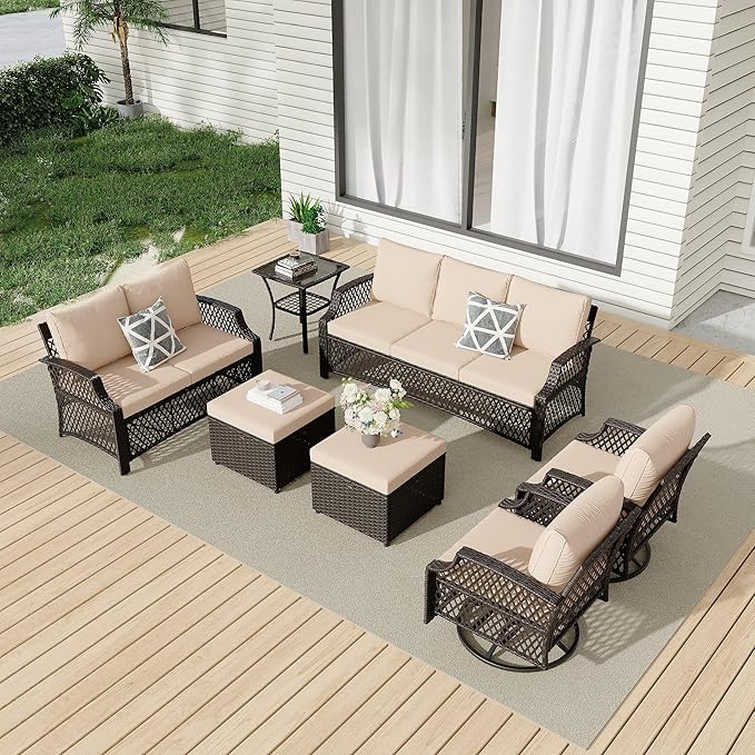HOMREST 7 Piece Patio Furniture Set, Wicker Outdoor Conversation Sofa Set with Swivel Chairs, 2 Ottomans, Glass Side Table, Rattan Outdoor Sectional for Deck Backyard Porch （9 Seats, Khaki