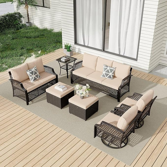 HOMREST 7 Piece Patio Furniture Set, Wicker Outdoor Conversation Sofa Set with Swivel Chairs, 2 Ottomans, Glass Side Table, Rattan Outdoor Sectional for Deck Backyard Porch （9 Seats, Khaki
