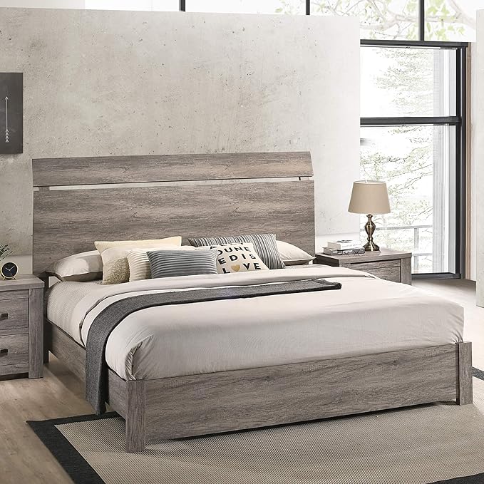 Floren Contemporary Weathered Gray Wood Bedroom Set, King Panel Bed, Dresser, Mirror, Nightstand