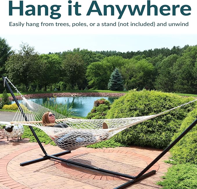 Sunnydaze Cotton Rope Hammock for Outside - 450-Pound Capacity Indoor or Outdoor Hammock with Spreader Bars - Natural - Image 2