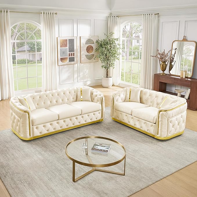 KEIKI 2-Piece Luxury Chesterfield Sofa Set with 1 Velvet 3-Seater Sofa & 1 Loveseat Sofa, 5-Seater Couch Set with 4 Pillow, Gold Stainless Decoration and Rolled Arms, for Living Room, Beige