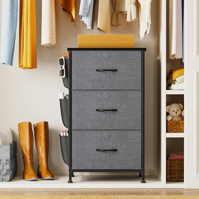 Tall Nightstand, Night Stand with Drawers for Bedroom, Bedside Table with Wooden Top, Sturdy Steel Frame End Table, Dorm Nightstand for Bedroom, Entryway, Hallway, Closet, Cloth Bags, Hooks, Grey - Image 7