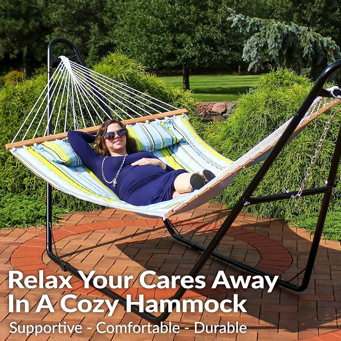 Sunnydaze Double Quilted Fabric Hammock with Universal Steel Stand - 450-Pound Capacity - Black Stand - Blue and Green - Image 2