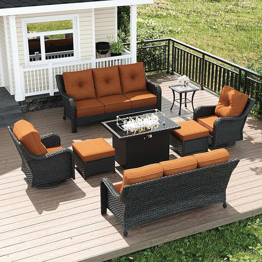 LayinSun 8 Piece Wicker Outdoor Furniture Set with 6-inch Comfy Cushions, High Back Patio Furniture Set with Swivel Rocking Chairs and Fire Pit Table