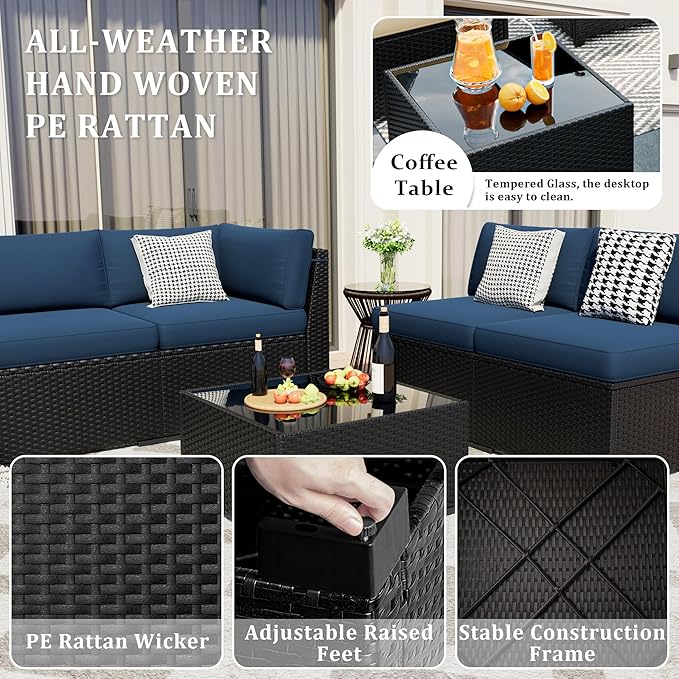 8 Pieces Outdoor Patio Furniture Set with 44" Fire Pit Table Black Rattan Sectional Conversation Sets w/Gas Fire Pit, Coffee Table, 1 Waterproof Covers, Navy Blue