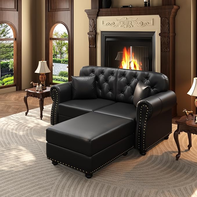 KEIKI 63" Faux Leather Chesterfield Sofa with Rolled Arms & Nailhead Trim & 1 Ottoman, 2-Seater Button Tufted Couch with High Resilience Cushion & 2 Pillow, Easy Assembly, for Living Room, Black