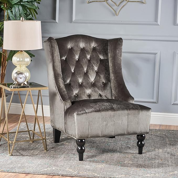 Modern Wingback Accent Chair, Tufted Velvet Couch Sofas with High Back Thick Padded Cushioned Seats for Living Room, Victorian Style, Grey