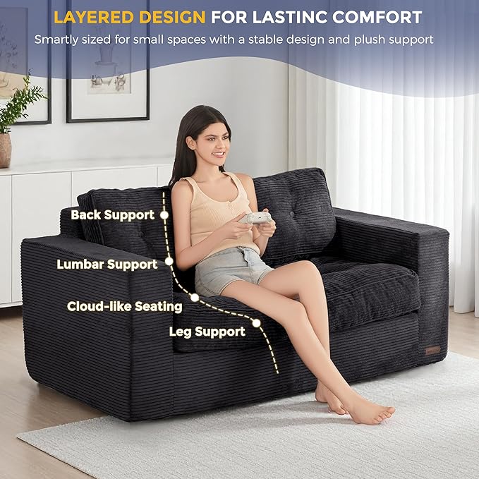 MAXYOYO Loveseat Sofa Couch, Upholstered Bean Bag Chair Cloud 2-Seat for Adults, Boneless Couch with Tufted Cushion & Pillows, Sofa in A Box, No Assembly Required, Black