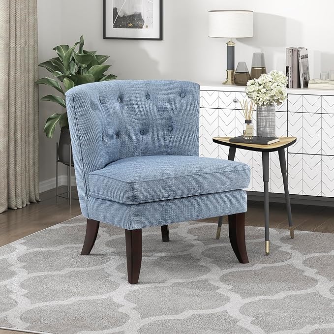 Lexicon Accent Chair, Textured Fabric Upholstered Armless Chair with Solid Wood Legs, Button Tufted Curved Back for Living Room/Bedroom/Office/Waiting Area, Blue