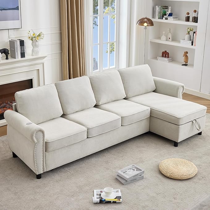 ERYE L-Shaped Reversible Sectional Sofa with Pull Out Queen Memory Mattress Sleeper Bed, 2-in-1 L-Shaped Corner Sectional Couches W/Wireless Charging, Storage Chaise Lounge
