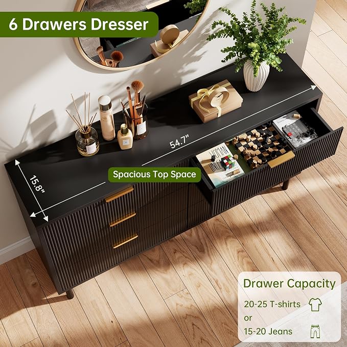 GarveeHome Black Wave Fluted 6 Drawer Dresser, Wide Wood Double Dresser with Metal Legs and Handles, Modern Chest of Drawers with Anti-Tipping Design for Bedroom Living Room Hallway - Image 4