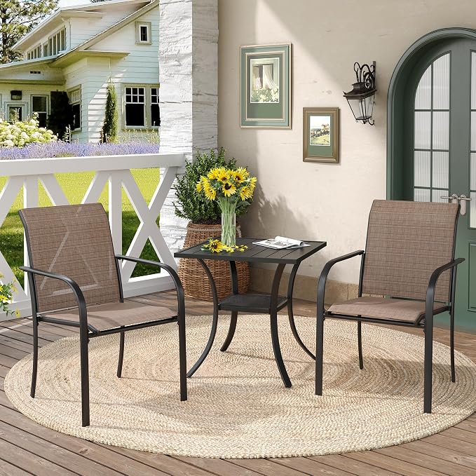 DIFY 3-Piece Outdoor Patio Bistro Dining Set, Black Small Square Dining Table & 2 Brown Stackable Metal Chairs with Breathable Fabric, Outdoor Furniture Set for Balcony, Porch, and Deck by DIFY