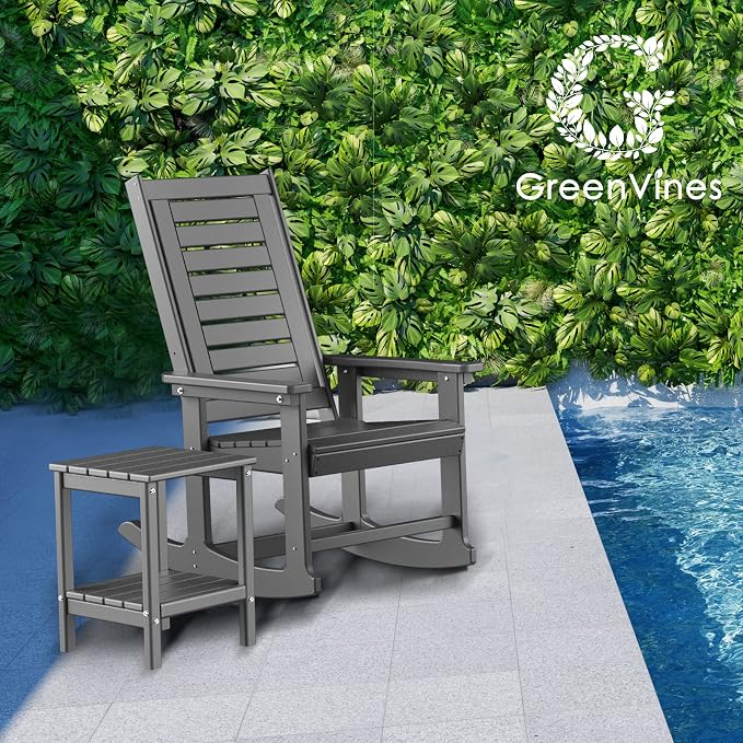 GREENVINES Outdoor Rocking Chair Set | 3-Piece | 2 Rocking Chairs with 1 Side Table | Porch Rocker | HDPE Plastic | Grey | Patio Furniture Sets | High Back | Big & Tall | Ladder Back - Image 2