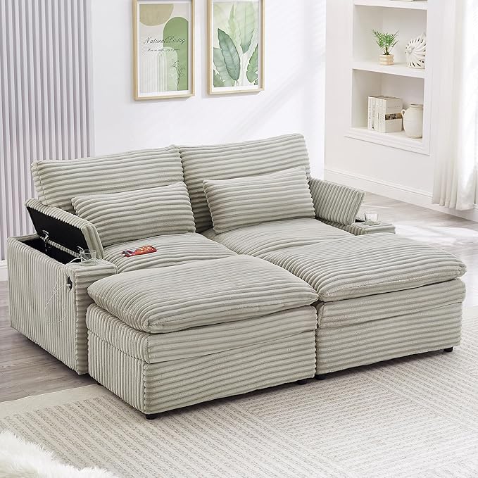 Modular Sectional Sofa Convertible Loveseat Couch,2-Seater Deep Seat Loveseat Sofas Fluffy Corduroy Cloud Couches with Movable Ottoman, Storage Armrest,USB Ports, Cup Holders