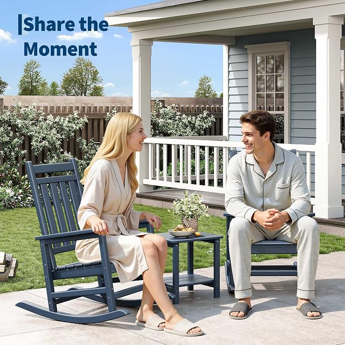 Garvee HDPE Rocking Chair Outdoor Set of 4 with 2 Side Table - Poly High Back Porch Rocker Chairs for Adults - All Weather Resistant Furniture for Patio Front Porch - Navy Blue - Image 3