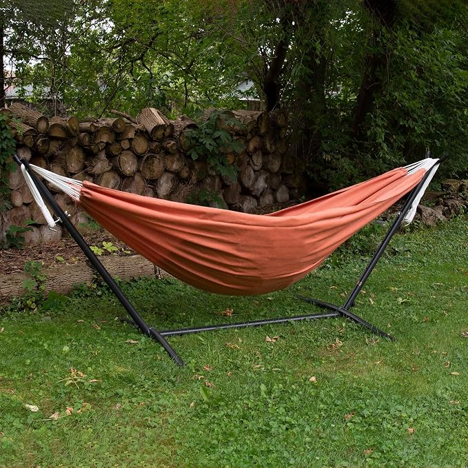 Vivere Double Sunbrella Hammock with Space-Saving Steel Stand, Heavy-Duty Portable Outdoor Hammock Set for Backyard, Patio, or Travel, Coral - Image 5