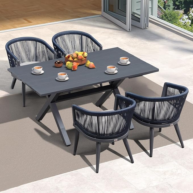 PURPLE LEAF Outdoor Dining Set for 4 All-Weather 5 Pieces Patio Aluminium Dining Table and Rope Weave Chairs Included Cushions for Backyard Deck Indoor Decor Kitchen Patio Furniture Set Gray and Navy by PURPLELEAF