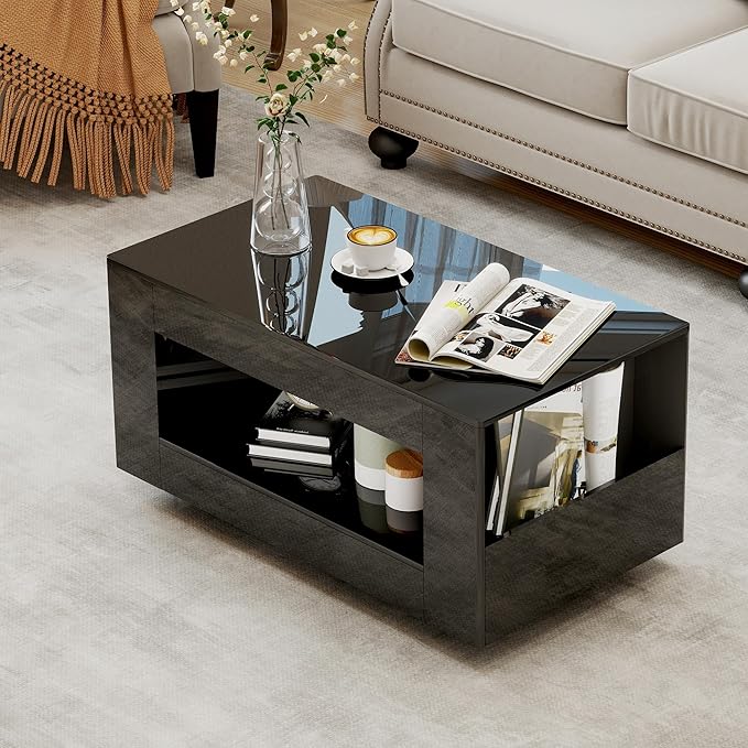 High Gloss Wood Coffee Table for Living Room, Sides Storage with Transparent Legs, Modern 2-Tier Storage Shelf Center Table for Home Office, Apartment, Black