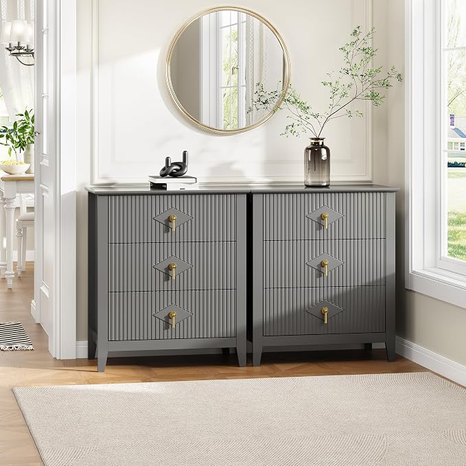 GarveeHome Wood Nightstand Fluted Dresser for Bedroom, 27.5" Wide 3-Drawer Bedside Tables, Modern Chest of Drawers, Storage End Table Living Room, Hallway, Entryway, Grey - Image 7