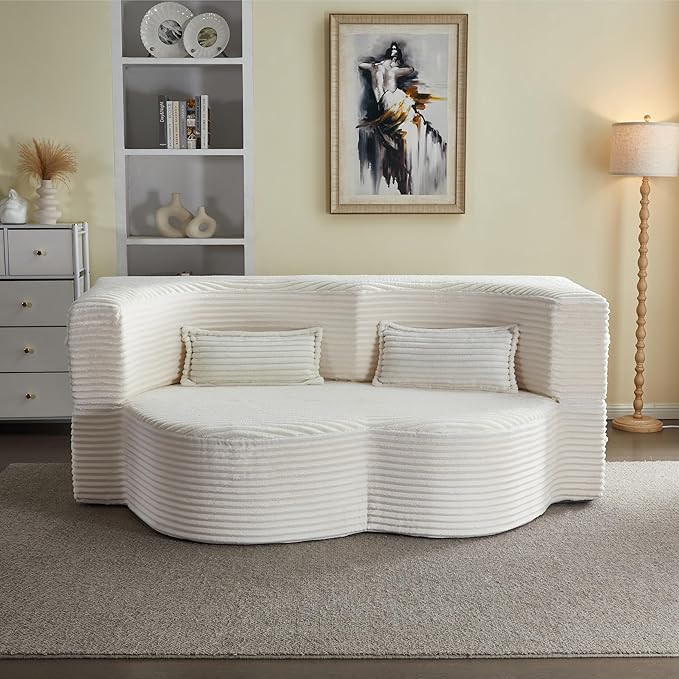 Ball & Cast 78" Convertible Sleeper Sofa Bed with Pillows, Corduroy Folding Mattress Couch Bed, Floor Futon Sofa Comfy Compressed Cloud Couch for Living Room,Beige