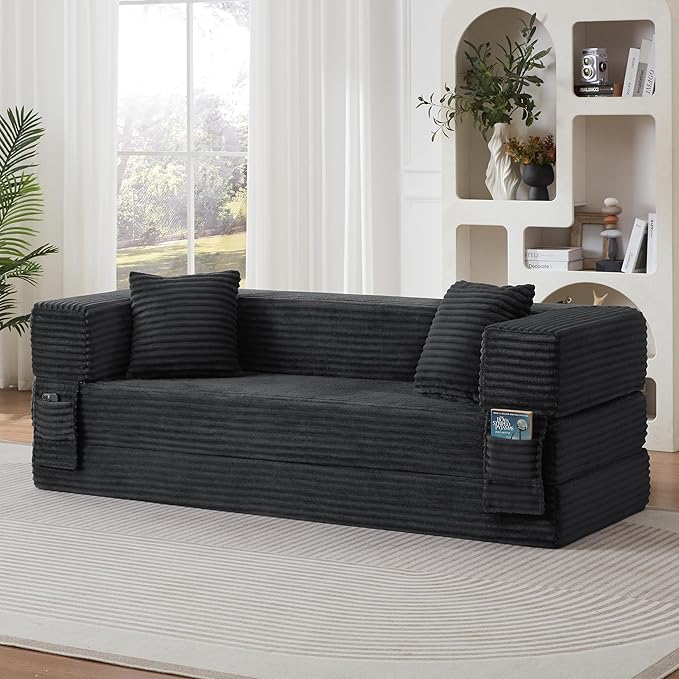 Ball & Cast Modern Upholstered Sofa with 2 Pillows,Boneless Corduroy Couch W/Deep Seat,Convertible Folding Sleeper Sofa Bed for Living Room,Bedroom,Apartment,No Assembly,Dark Gray,78"