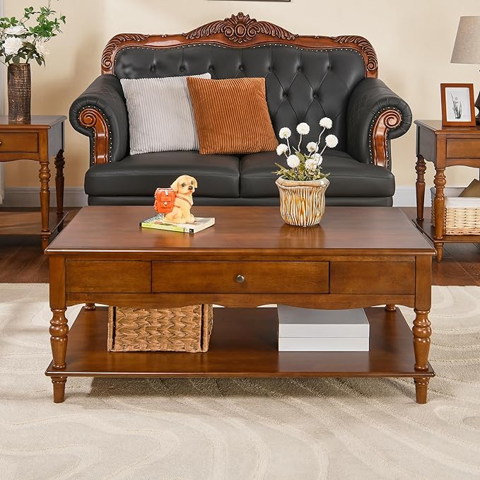 Rectangular Coffee Table with 2 Storage Drawers, Mid-century Solid Wood Living Room Table with Carved Leg, Elegant Vintage Center Table, No-Tools Assembly, 43.3”L x 23.6”W x 18”H Caramel Brown KFZC008