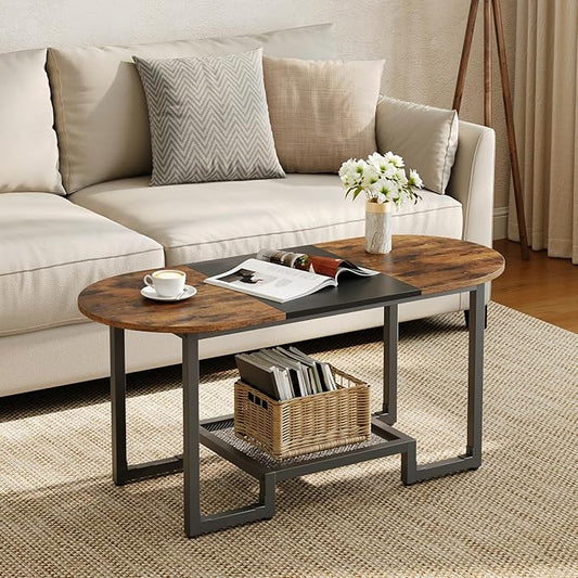 HOOBRO Coffee Table, Oval Small Coffee Table with 2-Tier Storage Shelf, Narrow Modern Center Table for Small Spaces, Living Room, Bedroom, Office, Rustic Brown and Black BFK12KF01