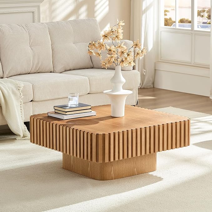 Coffee Table, 35.43" Square Coffee Table Modern Handcraft Fluted Table Accent Wood Center Table for Living Room Apartment, Easy Assembly, Oak