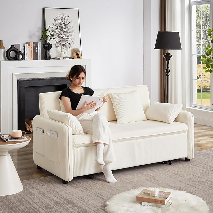 Ball & Cast 66" Convertible Sofa Bed,3-in-1 Corduroy Loveseat Sleeper Pull Out Couch Bed with Pillows and Side Pockets, Deep Seat Comfy Sofa Couches for Living Room,Apartment,Beige