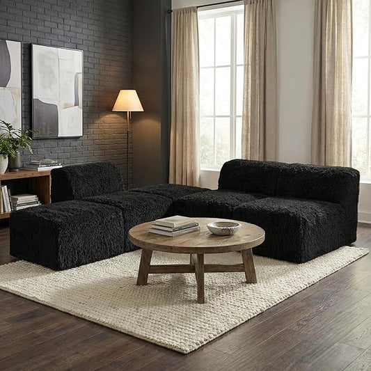 Furniture of America Havyn Modern Faux Fur 5-Seater L-Shaped Modular Armless Foam Sectional Sofa with Ottoman, Compressed Couch in a Box, No Assembly Required, for Living Room and Office, Black