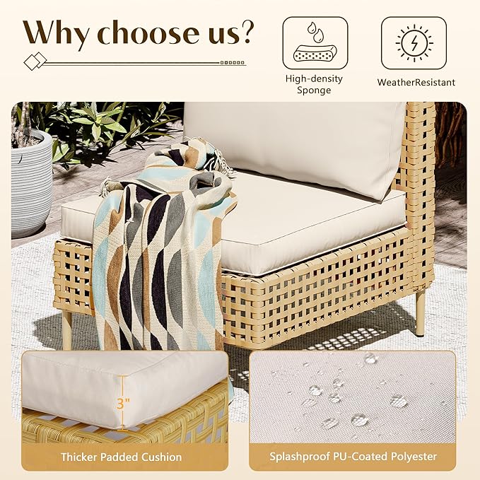 LHBcraft Patio Furniture Set, Large 7 Piece Wicker Outdoor Sectional Furniture Set with Coffee Table, Patio Conversation Sets Sofa, Hand Knitting, All-Weather Cushions for Backyard, Porch, Beige