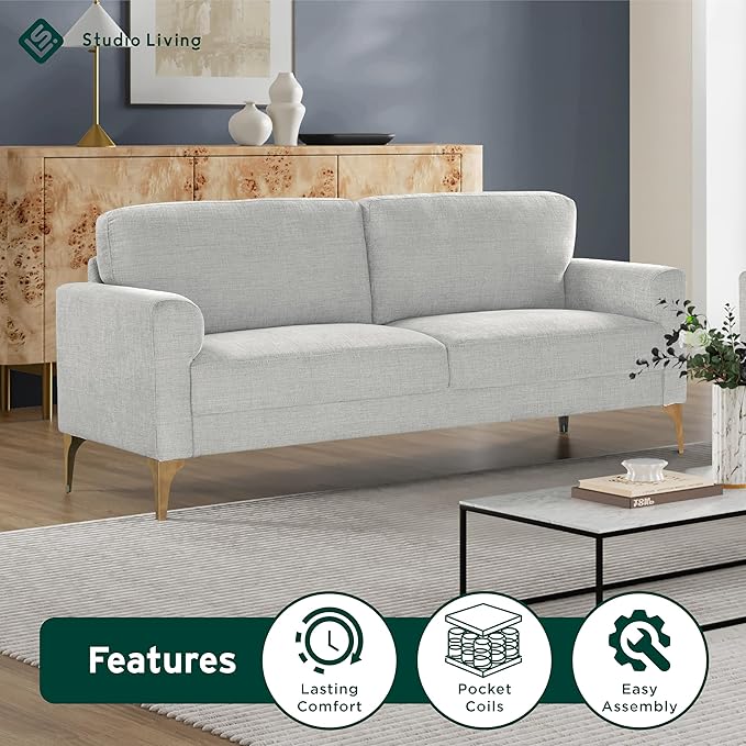 Studio Living® Matthew 75.6" Sofa, Mid-Century Modern, Pocket Coil Comfort, Metal Brushed Bronze Legs, Chenille Fabric, Ivory