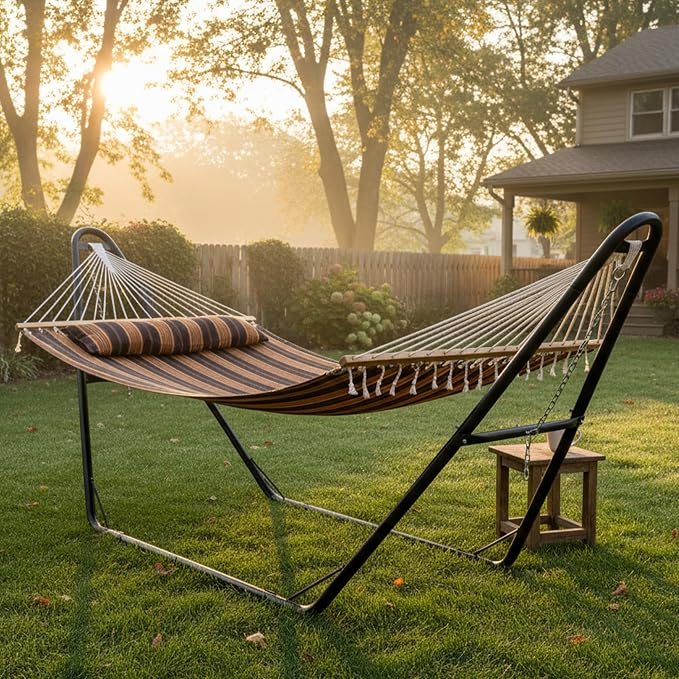 Sunnydaze Double Quilted Fabric Hammock with Universal Steel Stand - 440-Pound Capacity - Black Stand - Woodland Stripe - Image 8