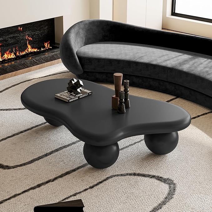 47.2” Cloud Coffee Table with 3 Ball Legs, Modern Irregular Center Table for Living Room, Low Cute Small MDF Tea Table for Bedroom, Space Apartment-Black