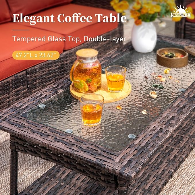 Patio Furniture Set with Swivel Chairs, High Back Wicker Rattan Furniture with 5.5" Thick Cushions and Coffee Table, Outdoor Conversation Set for Backyard Deck, 5 Seats, Red